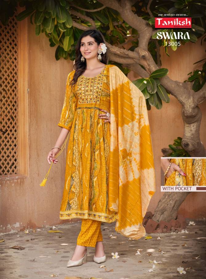 Swara Vol 13 By Taniksh Rayon Printed Embroidery Kurti With Bottom Dupatta Wholesale Online
